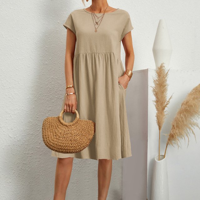JUNWELL Coton Lin Femmes Robe d'Été Couleur Unie Col Rond Manches Courtes Genou Longueur Robe de Plage Décontracté en Vrac Mince Robes de Vacances