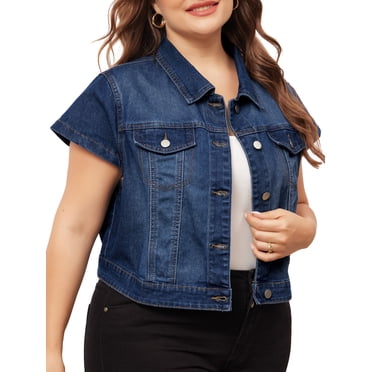 DARING DIVA Women's Plus Size Button Down Cap Sleeve Cropped Jacket 1X Dark Blue
