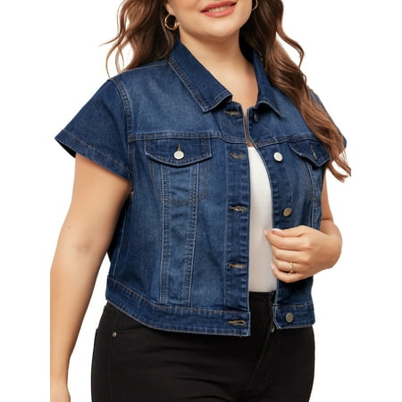 DARING DIVA Women's Plus Size Button Down Cap Sleeve Cropped Jacket 2X Dark Blue