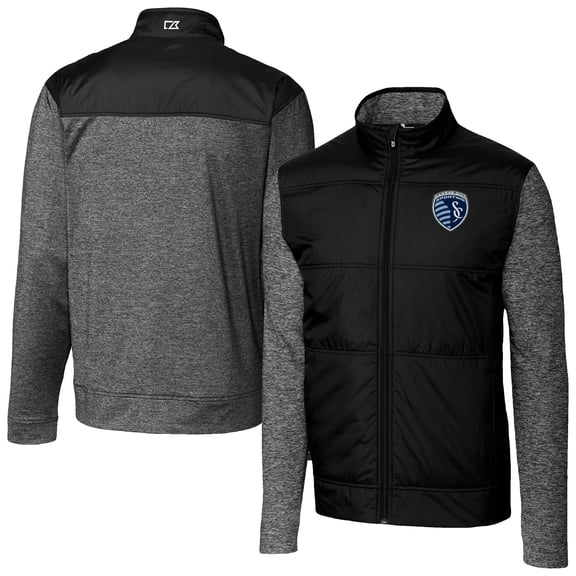 Men's-Cutter & Buck  Black Sporting Kansas City Stealth Hybrid Quilted Full-Zip Windbreaker Jacket