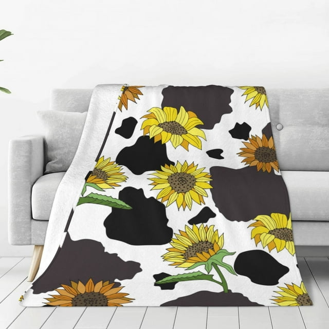 Balery Black Cow Print With Sunflowers Country Manta de Felpa Suave y Acogedora – Cobija de Franela Aterciopelada para Cama, Lavable y Cálida para Sofá, Mascotas, Transpirable-80"x60"