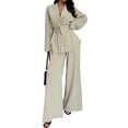 thumbnail image 2 of Women'S Casual Lounge Two Piece Outfits Long Sleeve V Neck Wrap Tie Waist Shirt Wide Leg Pants Sets Color XL, 2 of 10