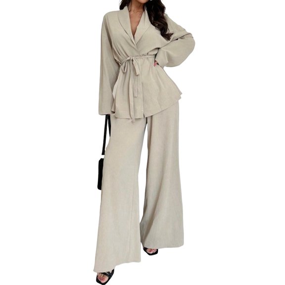 Women'S Casual Lounge Two Piece Outfits Long Sleeve V Neck Wrap Tie Waist Shirt Wide Leg Pants Sets Color XXL