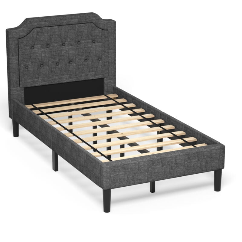 Furnibear Twin Bed Frame, Linen Upholstered Platform Bed Frame with Button Tufted Headboard and Wood Slat Support for Bedroom, Gray