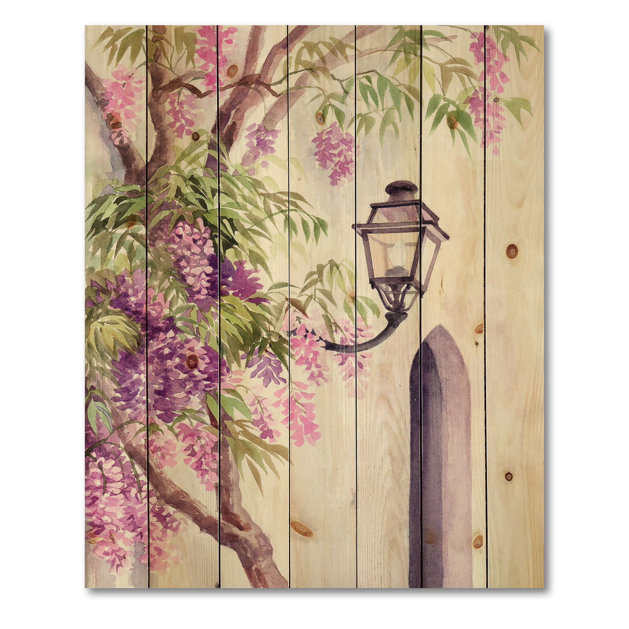 Designart 'Lantern and Wisteria' Traditional Print on Natural Pine Wood