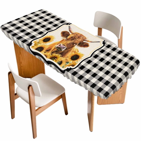 Yellow Sunflowers Yak Table Cloths for 8 Foot Rectangle Tables, Black White Checkered Rustic Buffalo Patio Waterproof Elastic Fitted Tablecloths, Washable Rectangular Table Cover for Camping
