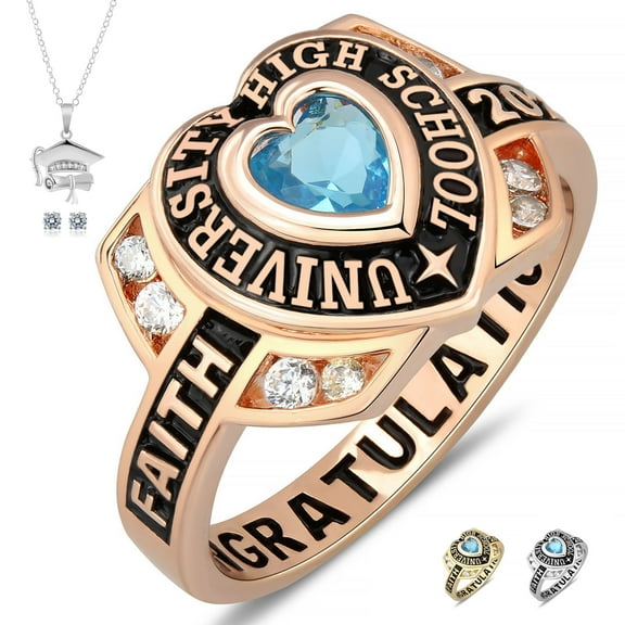 Fully Personalized Customized Heart Wings ring Ladies class ring high school college and college graduates sterling silver enamel heart zircon -Ccjcinata (Sterling Silver - Rose Gold Plated)