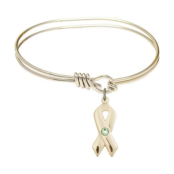 5 3/4 inch Oval Eye Hook Bangle Bracelet w/ Cancer Awareness medal charm w/ August Green Swarovski Crystal