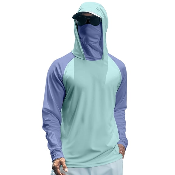 Men's UV Protection Sun Hoodie Color Block UPF 50 Long Sleeve Fishing Shirt Lightweight Hiking Rash Guard