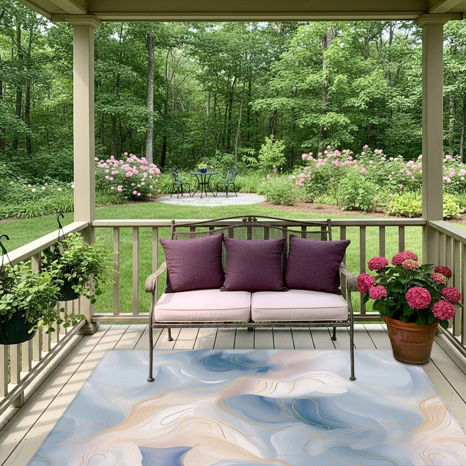 Outdoor Rug 5x8ft Abstract Marble Large Area Rug Ombre Blue Lines Indoor Outdoor Carpet Outdoor Rugs Mats for Patio Camping,RV,Front Door, Outside Decor