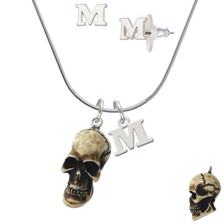 Resin Skull – M Initial Charm Necklace and Stud Earrings Jewelry Set