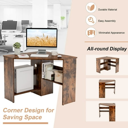 Costway Corner Computer Desk Triangle Writing Workstation w/Storage Shelf Rustic - Rustic Brown