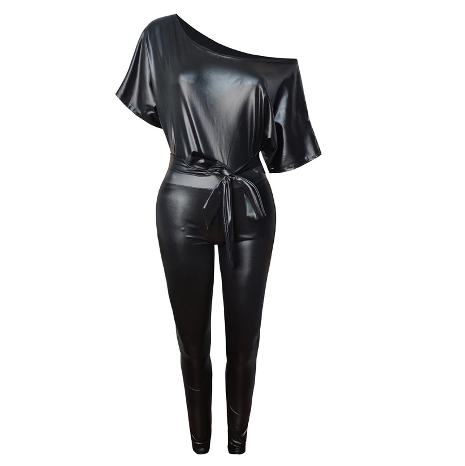 Streetwear Black Faux Leather Jumpsuit Women's Elastic Waist Zip Up One  Piece