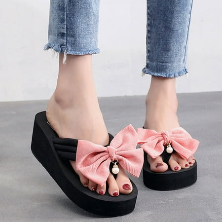 

STEADY Summer Fashion Rhinestone Ladies Holiday Rubber Sole Beach Wedge Flip Flops Pink / 41