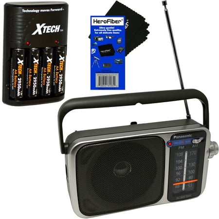 Panasonic Portable AM/FM Radio with Led Tuning Indicator + Xtech 4 AA Rechargeable Batteries with Quick Charger + radios/ best reception battery operated/ (Best Radio For Iphone)