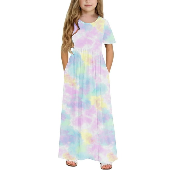 ATOGUTA Girls Flower Girl Dresses Short Sleeve Floral Print Loose Casual Long Maxi Dress with Pockets Multicolor, Size 4-14 Years