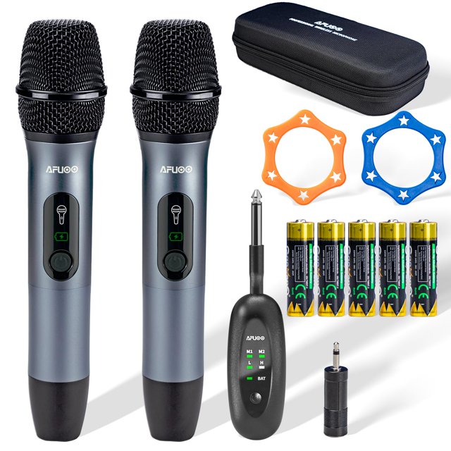 AFUOO Ensemble de Microphone Sans Fil pour Chant, Discours et Karaoké, Récepteur Double Micro 2.4GHz, 200 Pieds, Sac de Rangement Inclus, Cordon en Métal