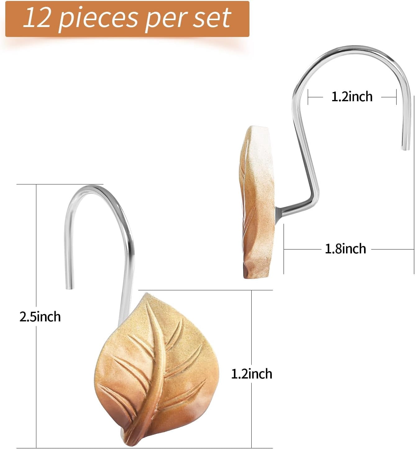 12PCS Leaves Shower Curtain Hooks, Brown Plant Leaf Decorative Shower Curtain Hooks Metal Rustproof Cute Eucalyptus Shower Curtain Rings Bathroom Decoration Accessories
