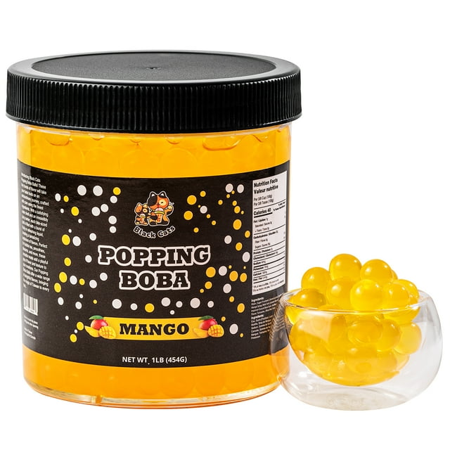 Black Cats Popping Boba Pearls | Mango Flavor | 1LB (454g) | Bursting Tea Balls for Drinks, Desserts, Smoothies, and Snack Toppings | Bubble Tea Tapioca Pearl Mix