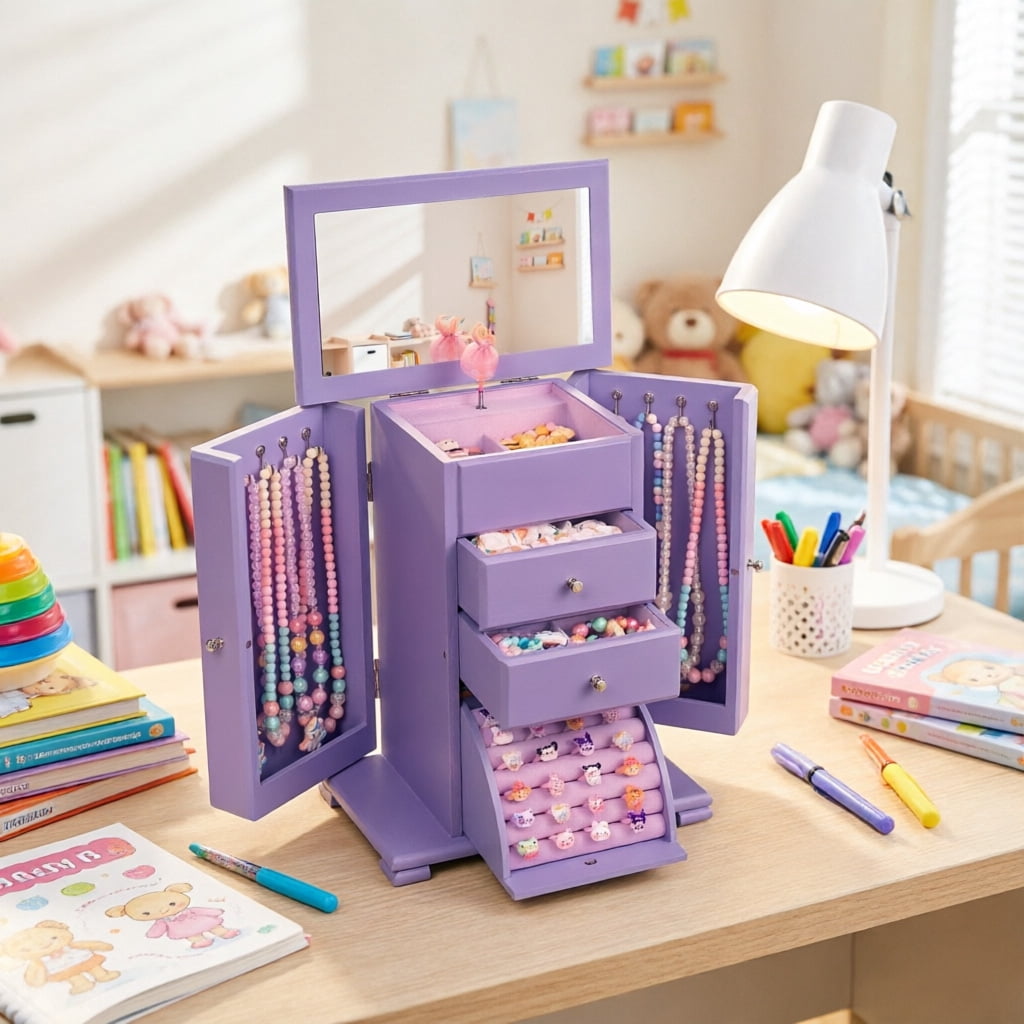 Sfugno Music Jewelry Box for Girls, Wooden Jewelry Boxes & Organizers with Mirror, 4 Layer Jewelry Organizer Box Display for Rings Necklaces Bracelets,Purple