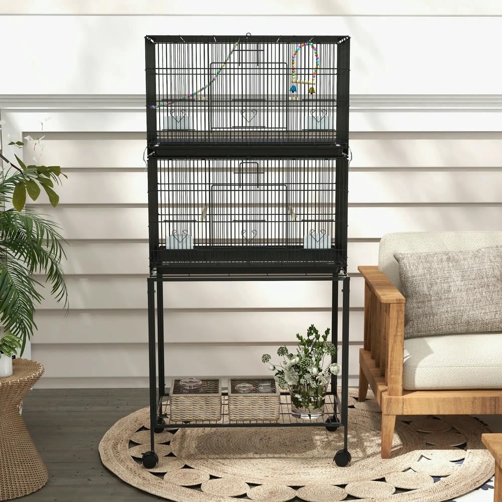 Spaco Double Stackable Bird Cage on Wheels w/ Stand, Bird Cage for Canaries, Black