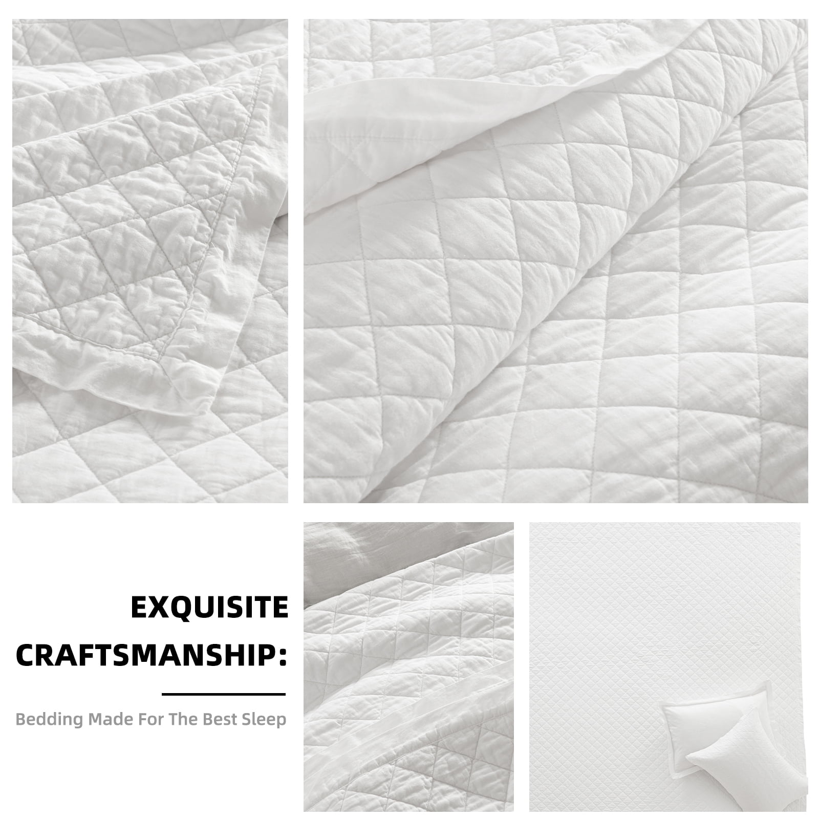 PANGUSHAN 100% Cotton Queen Quilt Set, Elegant Diamond Pattern Solid Color Queen Size Quilt Bedding Set Bedspreads, Reversible Quilted Lightweight Comforter, White Bed Spread for Queen Bed, 3pcs