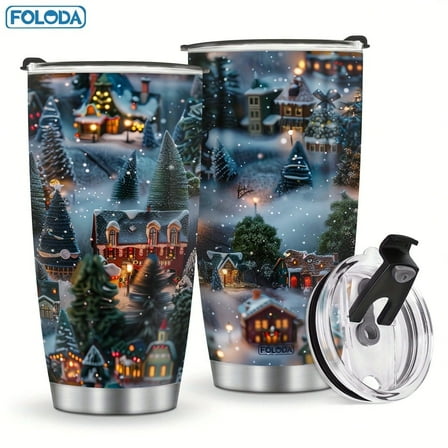 Foloda 1pc 20oz Christmas Gift Landscape Tumbler Stainless Steel Christmas Vacation Travel Mugs Funny Christmas Insulated Cups with Lid, Birthday Gift Coffee Mug for Women Men Xmas Holiday Decoration