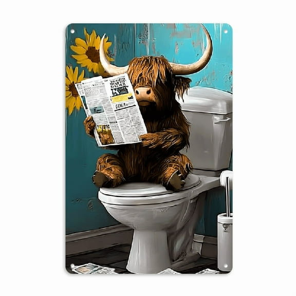1pc Vintage Highland Cow Metal Wall Art, 8x12 inches Iron Bathroom Reading Newspaper Decor, Waterproof and Weatherproof, Ideal for Home, Bar, Cafe, Man Cave Decoration