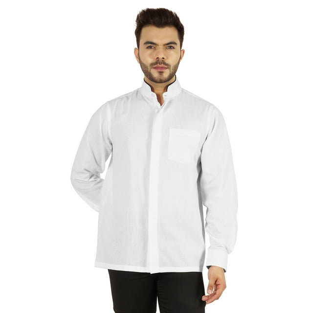 Bestman Chemise Unie à Manches Longues pour Hommes, Col Chinois, Patte de Boutonnage Double devant