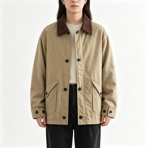 Women's Oversized Barn Jacket Button Down Lapel Collar Fall Casual Outwear Relaxed Fit Long Sleeve Barn Jackets (Khaki S)