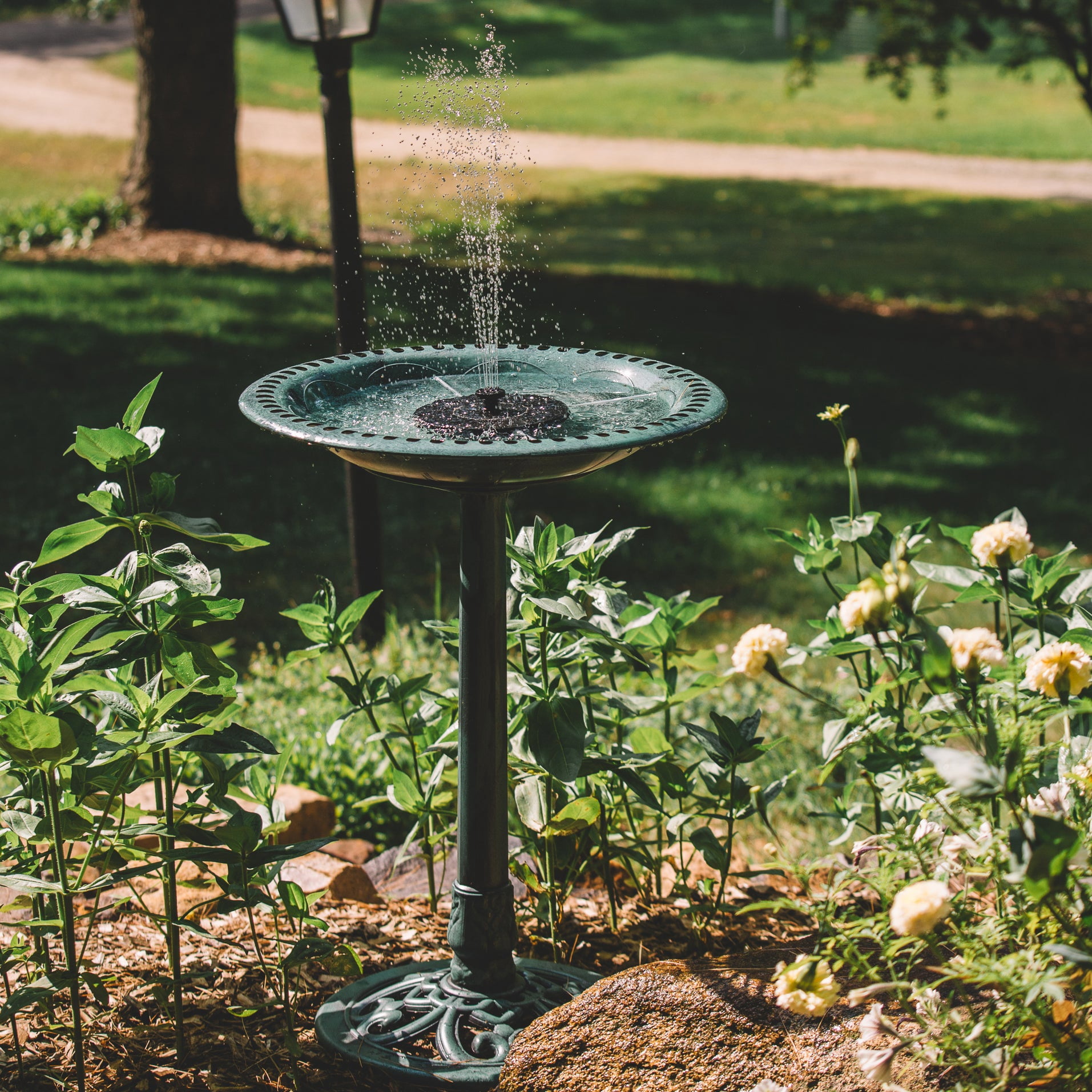 Backyard Expressions Solar Pump Outdoor Bird Bath Fountain, Antique Green Finish