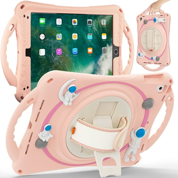 K-Lion Rugged Case for iPad 6th/5th Gen/Pro 9.7" (2018/2017/2016) Kids Case 3D Astronaut Heavy Duty with Kickstand Wristband Rotating Handstrap Handle Grip Shockproof Cover for iPad 9.7",Pink