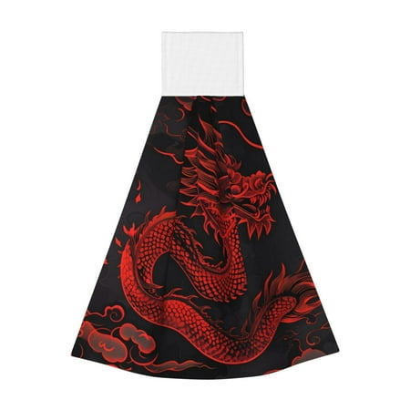 

Qekee Red Dragon On Black Print Hanging Kitchen Towels Coral Velvet Wipe Hand Towel Absorbent Hand Towels Microfiber Tie Towel for Bathroom Kitchen Decor