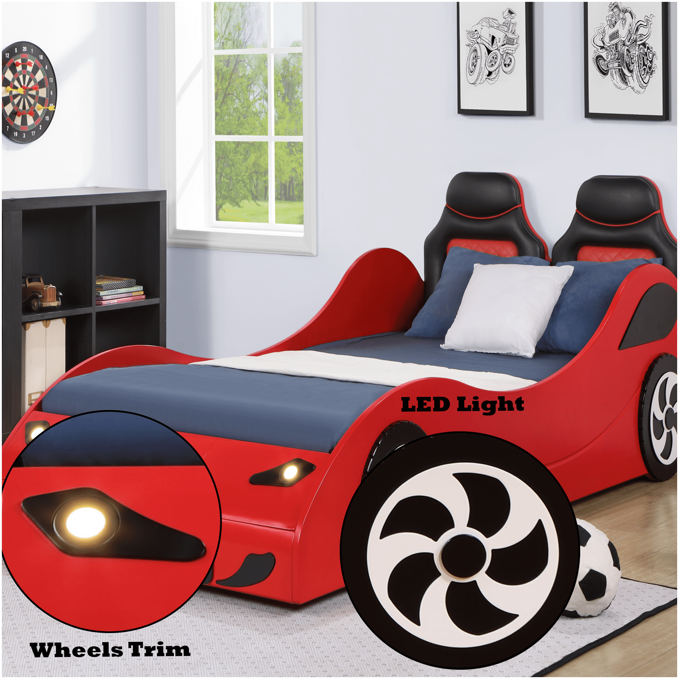 Twin Size Race Car Bed with LED Lights, PU Leather Upholstered Low Profile Platform Bed Frame