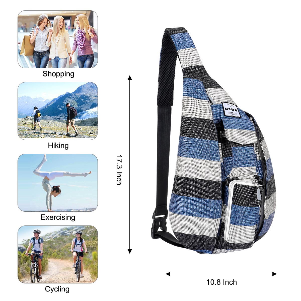 HAWEE Backpack for Women Hiking Backpack Chest Sling Bag Sports Travel Crossbody Daypack, Wide Stripes of Black/ Blue/Gray