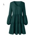 thumbnail image 1 of Robe Femme Couleur Unie Col en V Manches Longues Mini Robe, Vert, L, 1 of 9