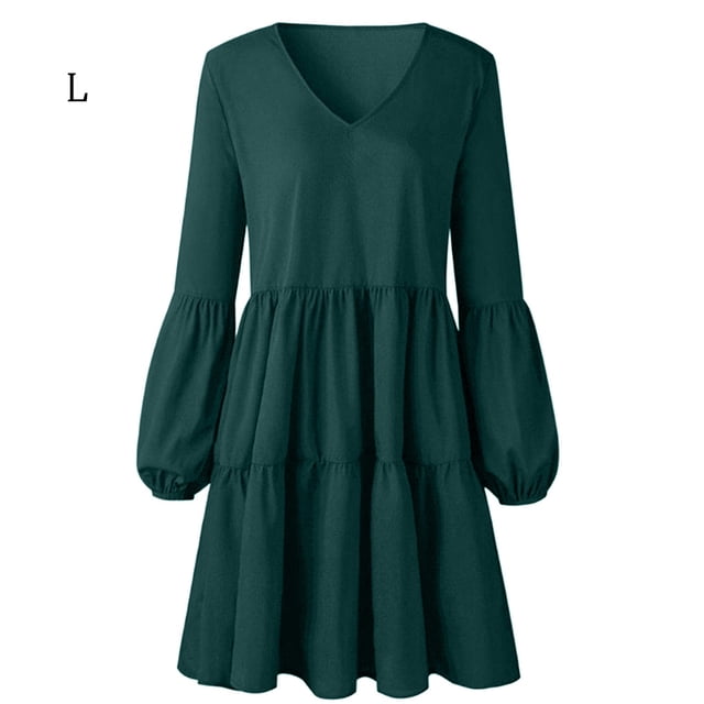 Robe Femme Couleur Unie Col en V Manches Longues Mini Robe, Vert, L