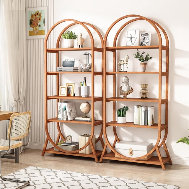 70.8" Tall Open Bookshelf, 5-Tier Arched Bookcase, Modern Brown Storage Bookshelves (2PC)