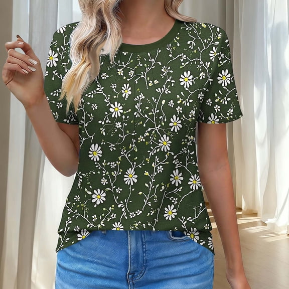 Fengqque Womens Short Sleeve Wrinkle Crewneck Daisy Print Pullover T Shirts Fashion Spring Summer Waist-Cinching Shirts Army Green-I M(M)