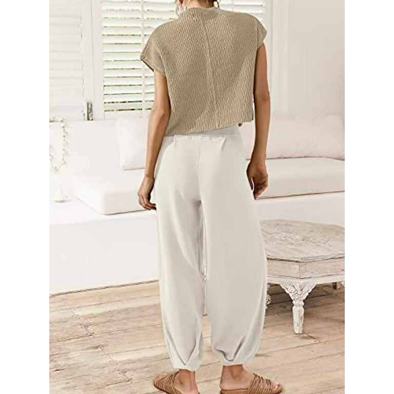 Classy Elastic Knit Lounge Set, Sweater Sets Women 2 Piece Sets Short  Sleeve Knit Pullover Tops Wide Leg Pants (Apricot,S) : : Clothing,  Shoes & Accessories