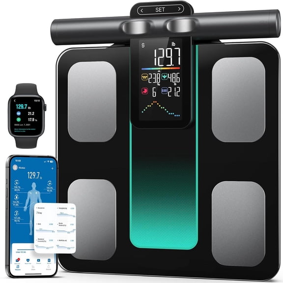 Smart Scale for Body Weight and Fat, 8-Electrode Full-Body Composition Scale with Handle, Dual-Frequency BIA, 28 Body Metrics, High Accuracy, Syncs with Apple Health & Google Fit