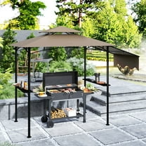 Outsunny 8' x 5' Grill Gazebo, Double Tiered Outdoor BBQ Gazebo with Side Awning, 2 Side Shelves and 6 Hooks for Patio, Deck, Yard, Brown