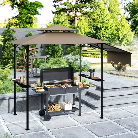 Outsunny 8' x 5' Grill Gazebo, Double Tiered Outdoor BBQ Gazebo with Side Awning, 2 Side Shelves and 6 Hooks for Patio, Deck, Yard, Brown
