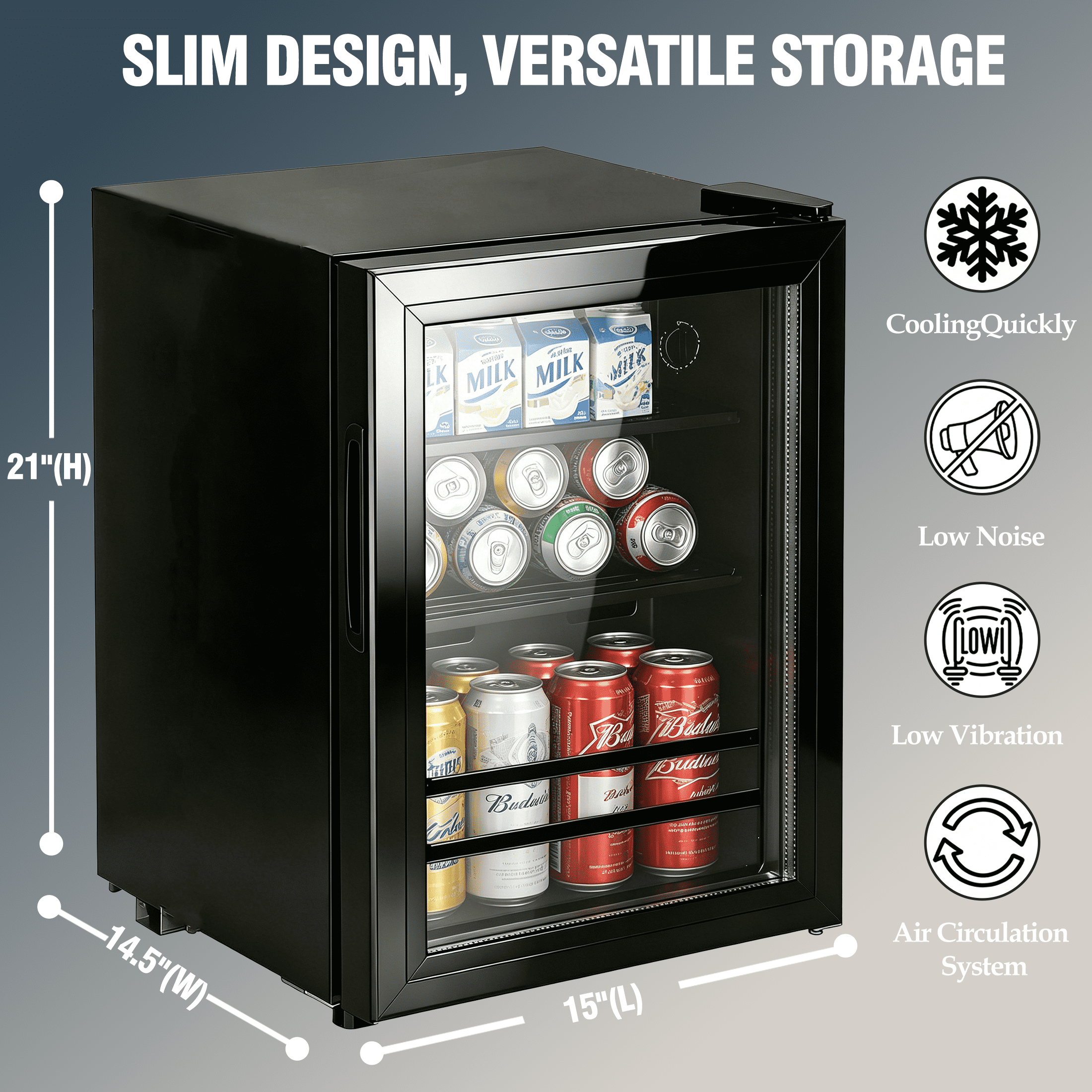 CALLIEVER 1.4 Cu.Ft Beverage Refrigerator, 52 Can Mini Fridge with Double Glass Door, 2 Adjustable Shelves, 38dB Quiet 7-Level Temp Control, Energy Saving 0.4kWh/day for Gaming Room Kitchen Bar Offic