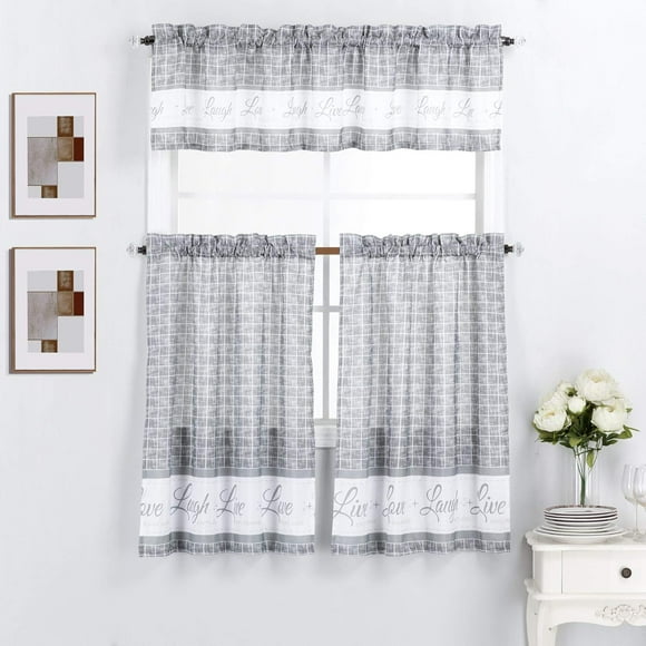 3 Piece Kitchen Window Curtain Panel Tiers and Valance Set (36" Tiers Set, Live Love Laugh Gray)