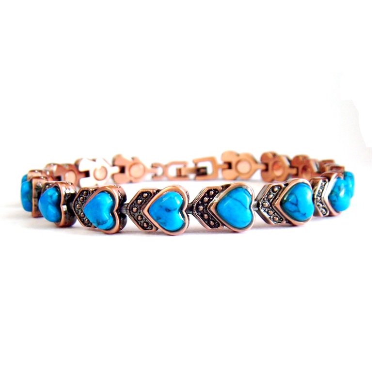 JS Copti Turquoise Hearts Copper Bracelet For Women With