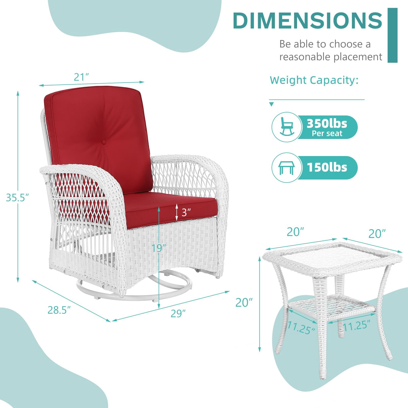 MEETWARM 3 Pieces Outdoor Wicker Swivel Rocker Patio Set, Rocking Chairs Rattan Patio Furniture Sets with Thickened Cushion and Glass-Top Coffee Table, Conversation Bistro Set, White Wicker/Red