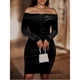thumbnail image 2 of Vestido de noche con hombros descubiertos, manga larga, caderas envueltas, vestido plisado de un solo color para mujer, negro S, 2 of 6