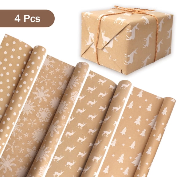 Tripumer 4 Pcs Brown Kraft Wrapping Paper with Snowflakes Eik Tree and Dots Patterns for Holiday Gift Packaging