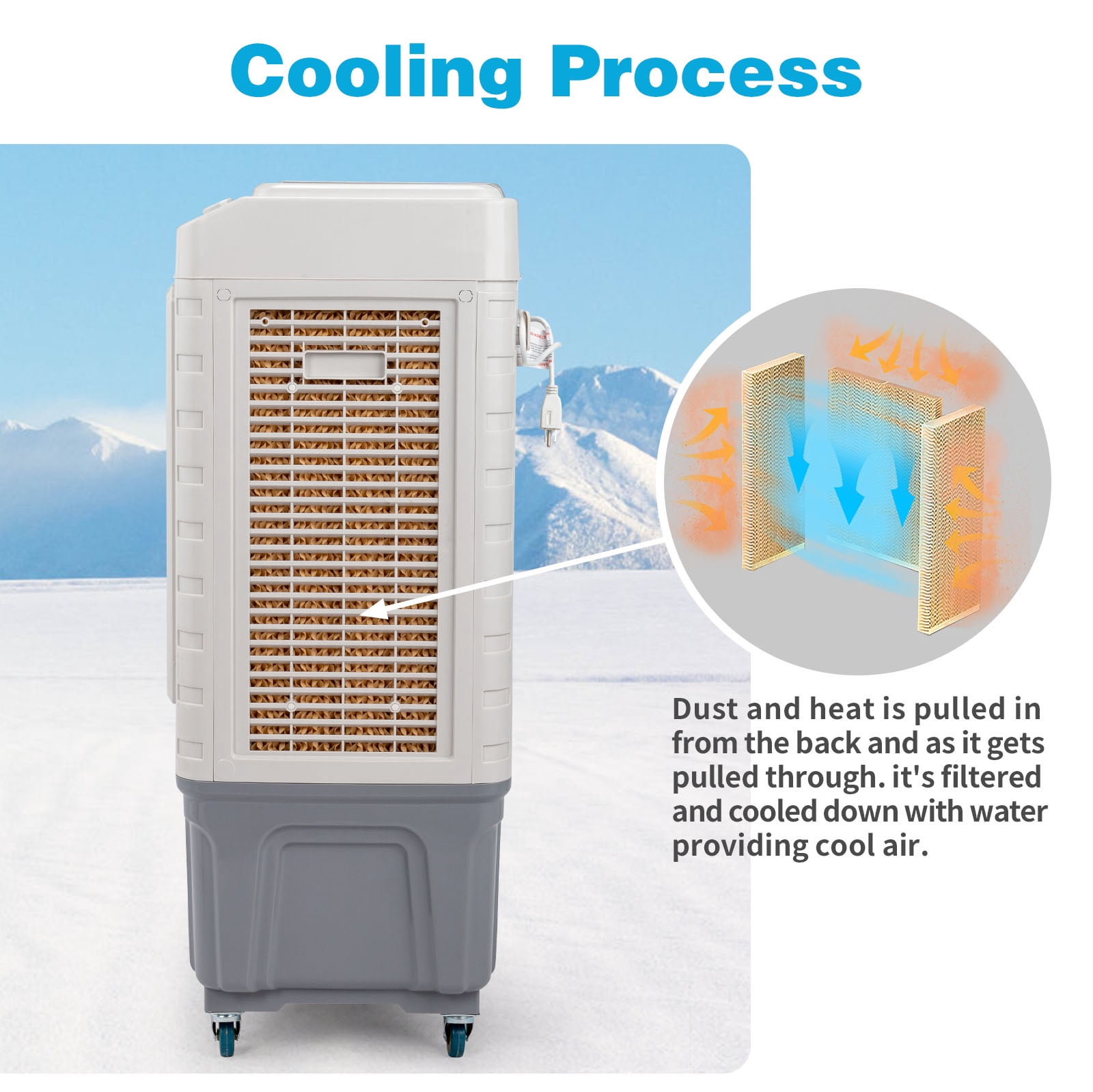 13.2-Gal Portable Air Conditioner, 3-in-1 Evaporative Air Cooler with 3 Modes & 3 Speeds, Portable Cooling Fan with 4 Ice Boxes, Coverage 323 Square Feet, 4 Scroll Casters, White